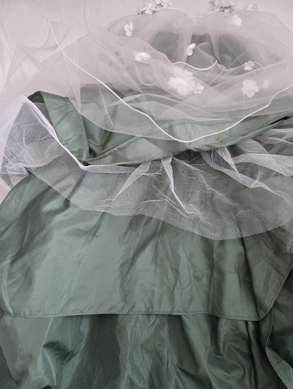 Azazie Celia Flowergirl Dress Eucalyptus Green White Lace 3D Flowers Train 14 - Picture 11 of 16